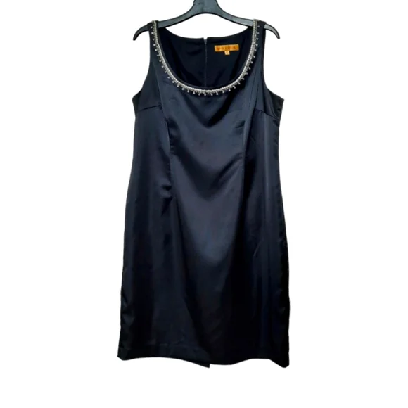 NIPÓN Satin Sheath Dress Pearl Rhinestone Collar LBD Sophisticate Black 14 - Picture 1 of 5